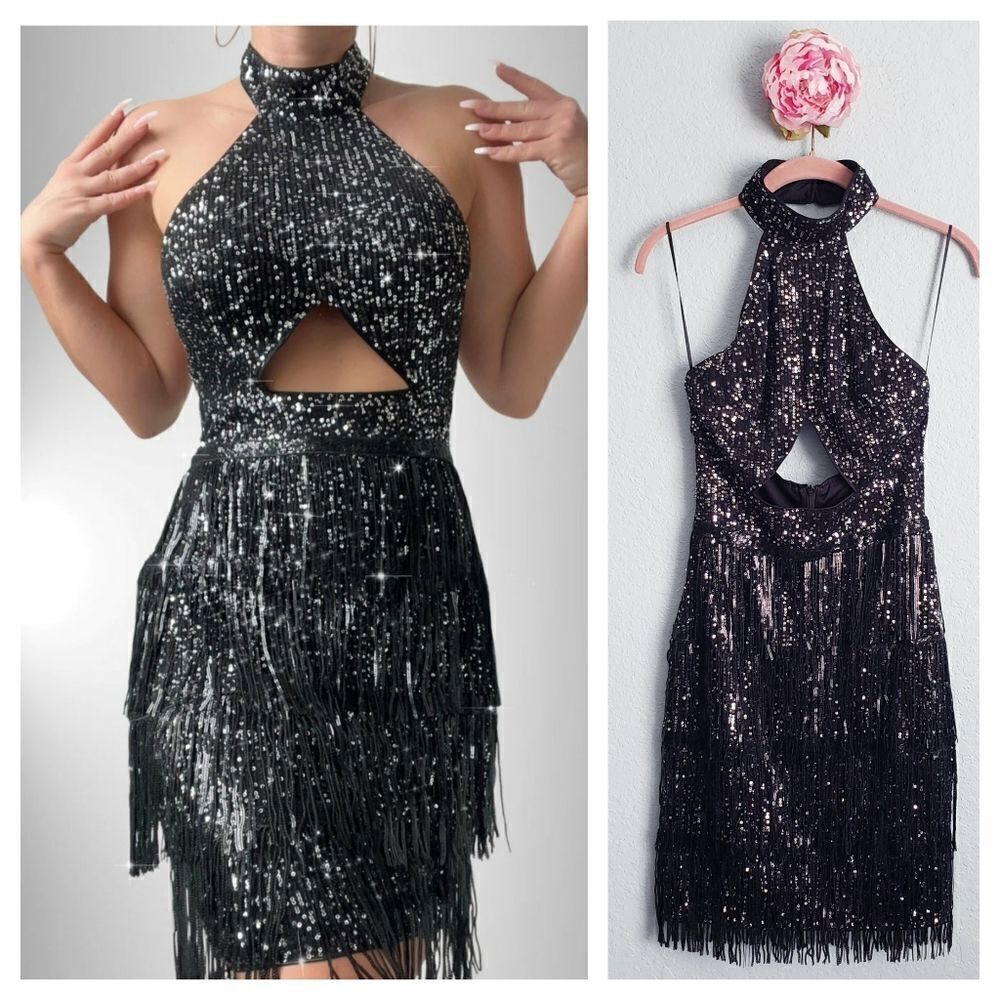 Shein‎ Black Sequin Fringe Cutout Halter Mini Dress